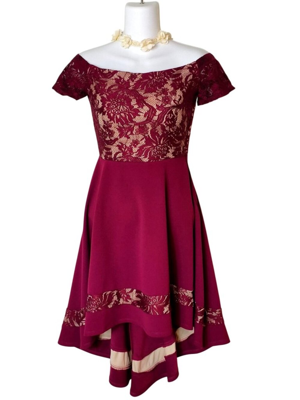 City Studio Junior 1 Off-Shoulder Dress High-Low Burgundy Lace Elegant Homecomin